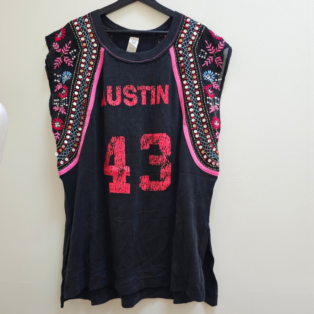 Free People Black Tank Top with Red Accents and Multicolor Embellished Shoulders - Picture 4 of 7